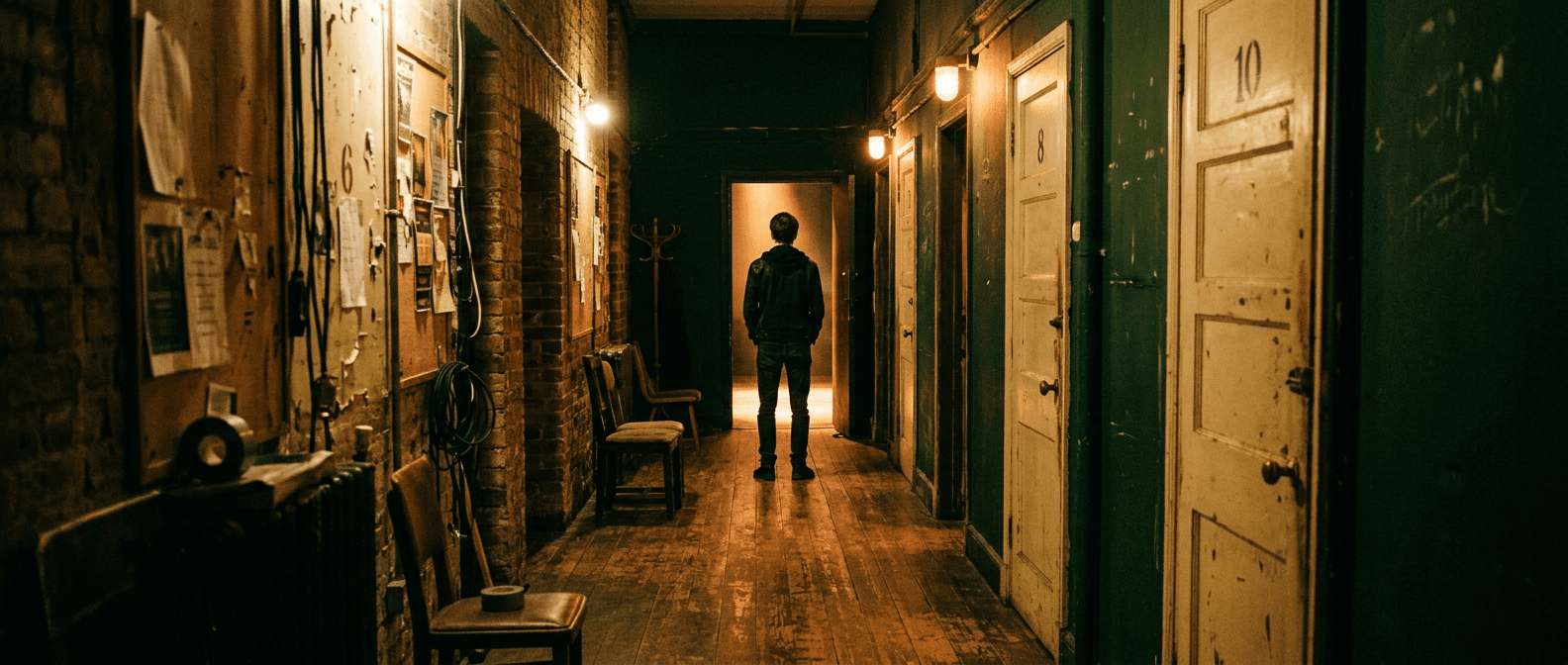A performer stands alone in a backstage corridor, facing a warm amber light at the end of the hall