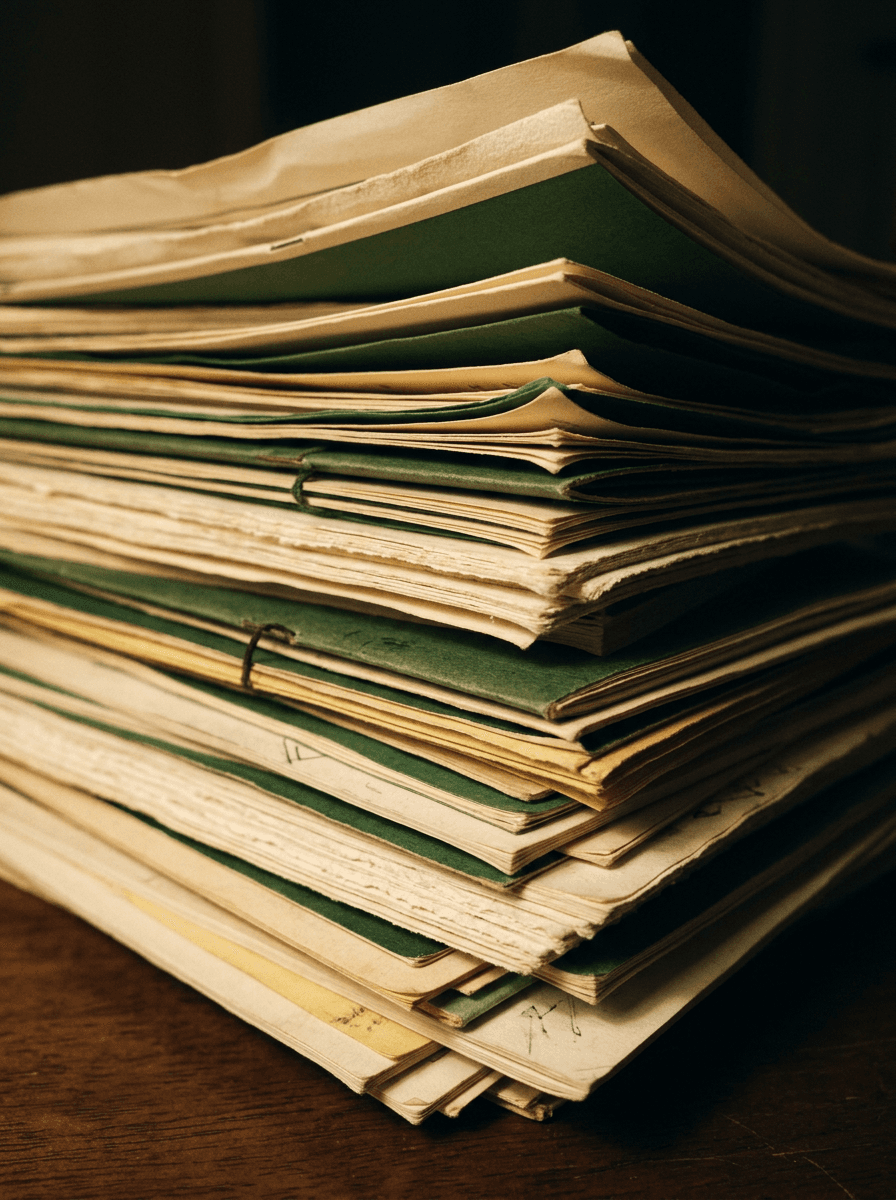 A stack of research papers and documents in warm light