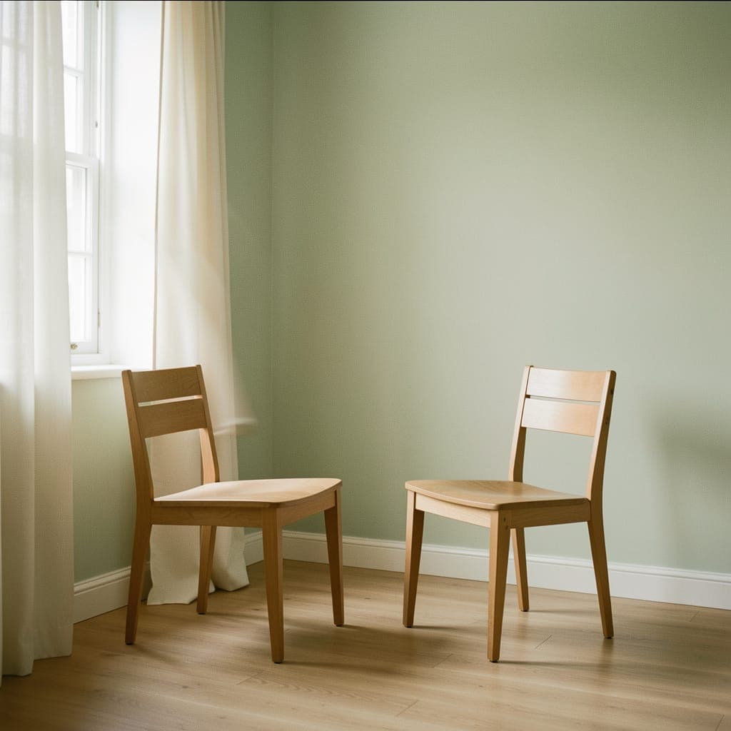 Two wooden chairs facing each other in a room with sage green walls and soft window light